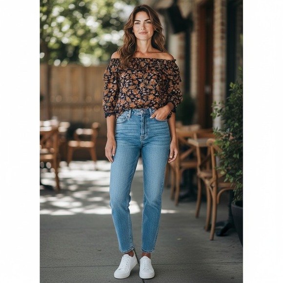 Knox Rose Tops - Knox Rose Off The Shoulder Blouse XXL Navy Floral Crochet Lace Trim Boho Top